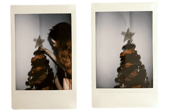 Two instax film showing a Christmas tree