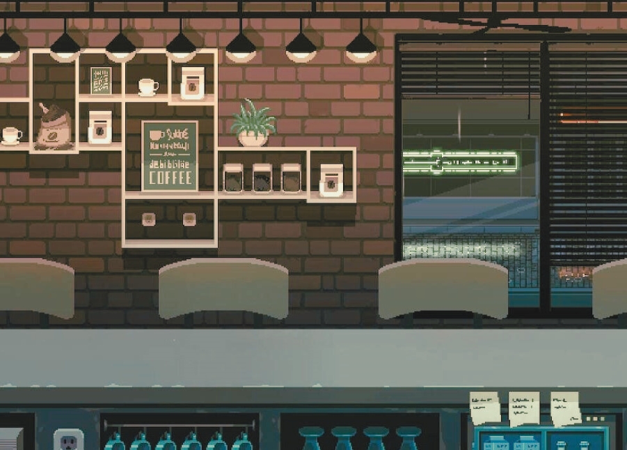 An empty coffe shop from the game Coffee Talk