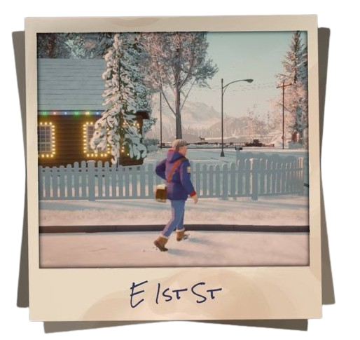 A polaroid from the video game Lake showing a mailman in the snow