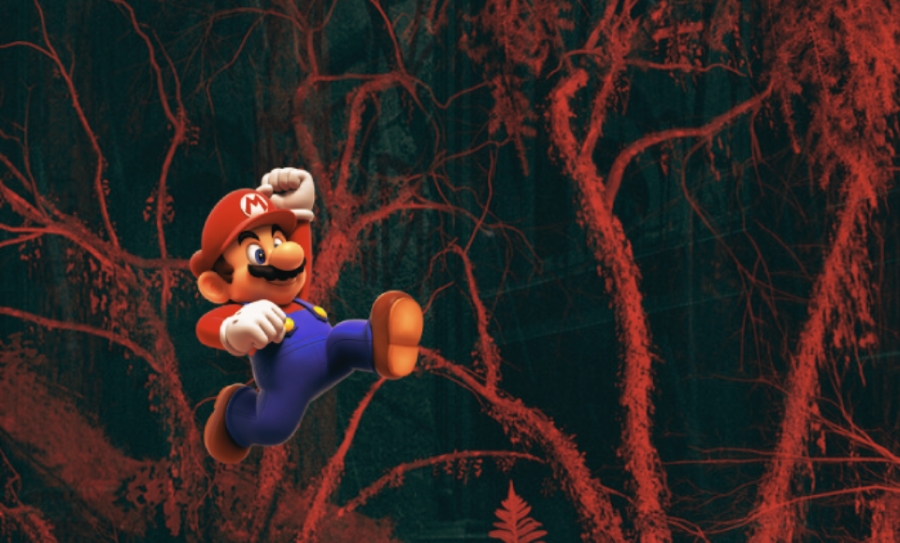 Mario jumping around a creepy Alan Wake forest