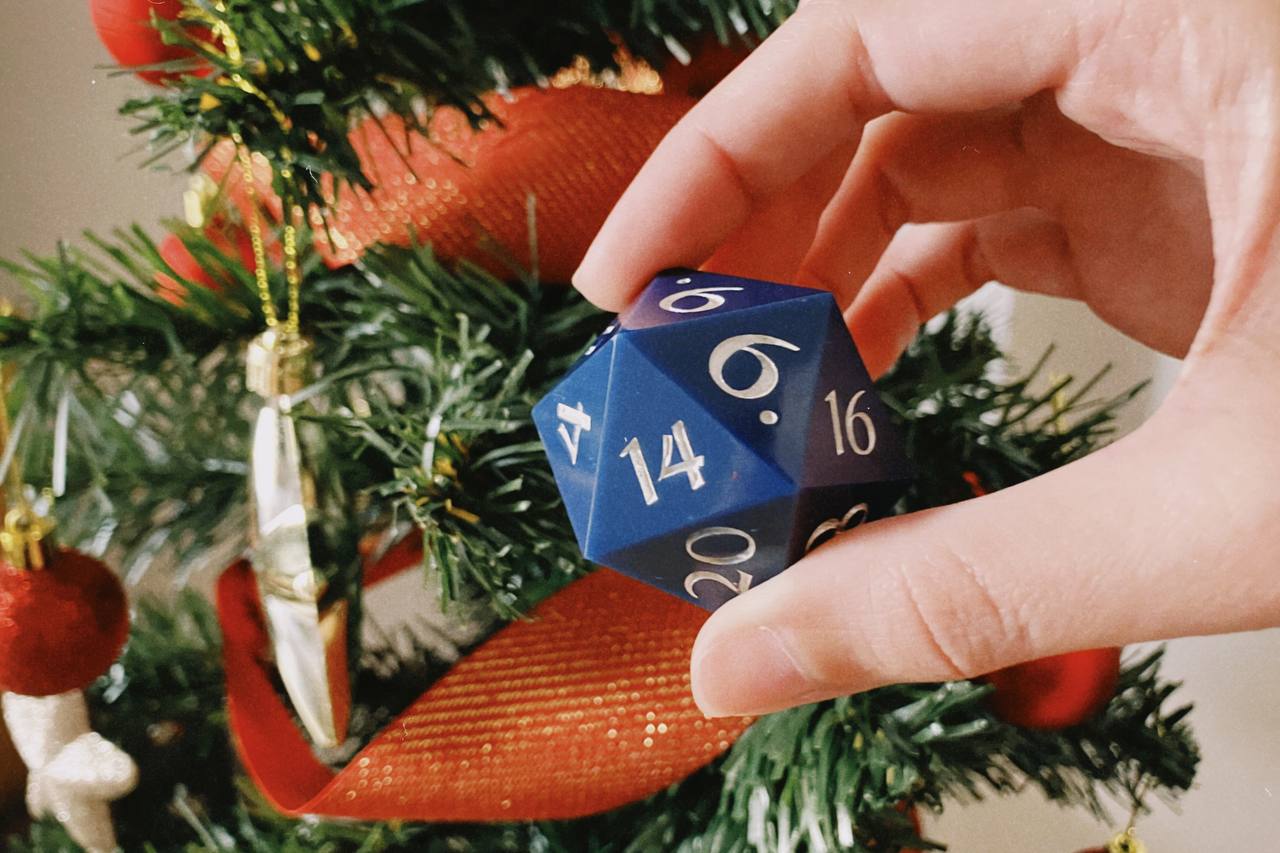 My new d20 dice with our Christmas tree