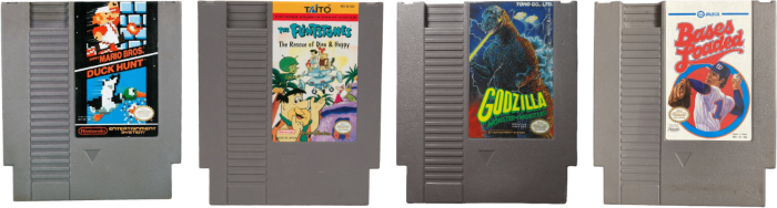 The NES cartridges for Mario, Flintstones, Godzilla and Bases Loaded