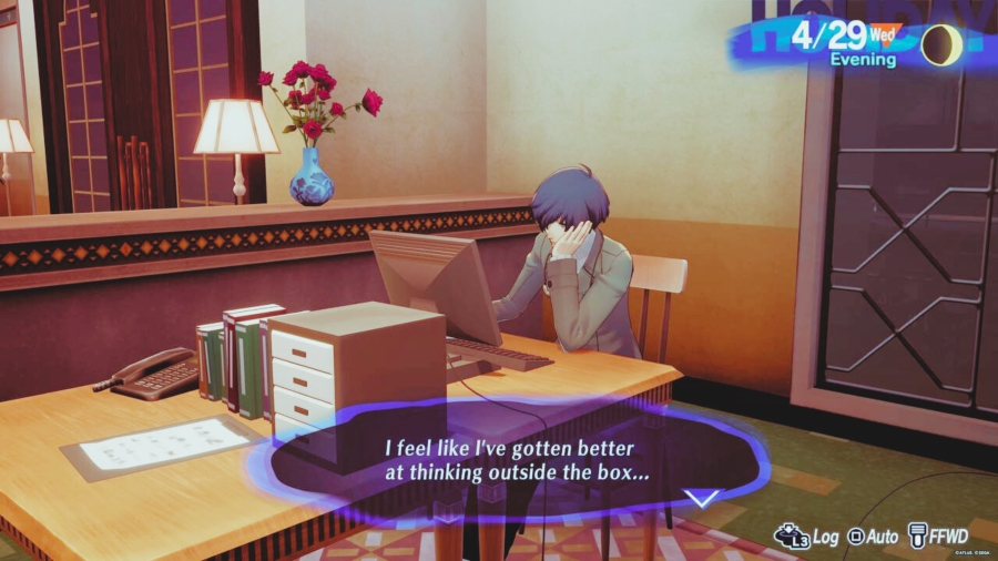 A thought bubble from Persona 3 that says ’I feel like I’ve gotten better at thinking outside of the box’